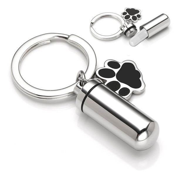 

cylinder cremation urn keepsake necklace keychain for ashes dog paw print charm key chain with capsule stainless steel memorial jewelry, Silver
