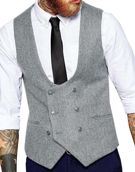 

2019 new men's double-breasted vest slim fit woolen/tweed suit vest casual herringbone pattern waistcoat groomsmen, Black;white