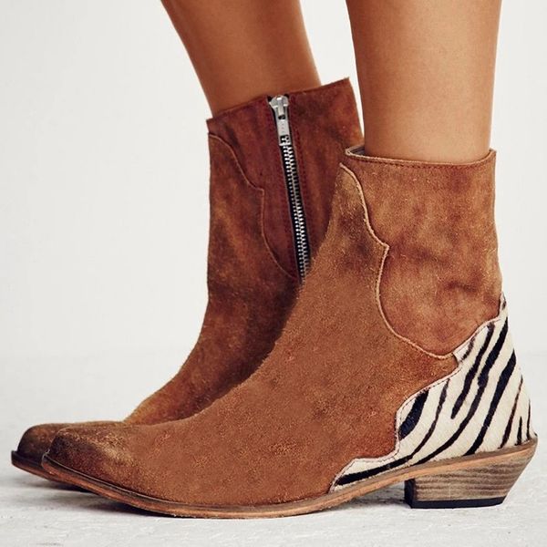 

jaycosin 2019 boots women zebra ankle boots winter flock square heel pointed toe botas mujer female zebra zip ankle, Black