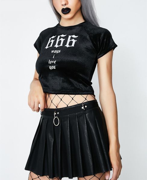 Verão 2018 Sexy Top Colheita Harajuku Punk Rock Tshirt 666 Maneiras Eu Te Amo Impresso Veludo Cropped Tee Mulheres Negras Apertado Top Curto Y19072601