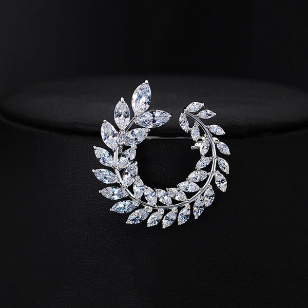 

cz leaf olive branch brooch for women fashion dinner gorgeous banquet bride dress silver jewelry, Gray