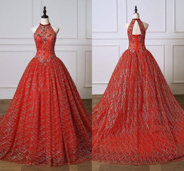

red high neck sequins tulle quinceanera dresses beading crystal lace-up ball gown prom gowns for sweet 16 girls formal evening dress long, Blue;red