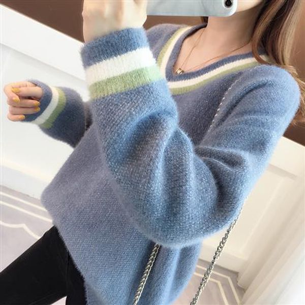 

chenille] + [faux mink hair] lazy wind thick sweater schoolgirl korean loose winter sweater, White;black