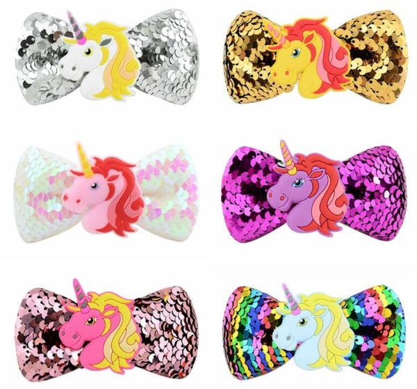 

kids unicorn sequins hair clips barrettes pinwheel hair accessories bow with clips 6 colors party cosplay barrettes, Slivery;white