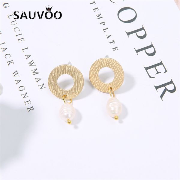 

sauvoo women fashion pearl charm irregular cute drop earrings classic sub gold color round geometric push back alloy earrings, Silver