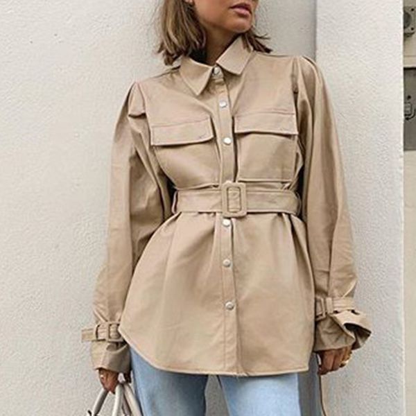 

solid turn down collar pockets design buttoned leather jackets women belted long sleeve casual jacket coats streetwear, Black;brown