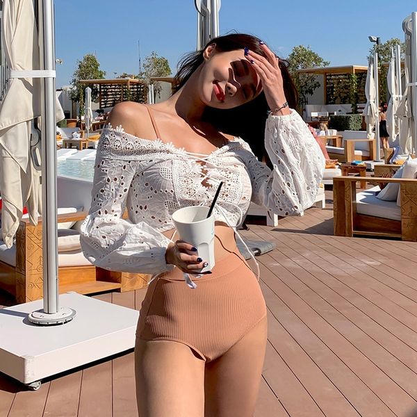 

2020 conservative split three-piece single bikini swimsuit long sleeve sunscreen bikini swimsuit, White;black
