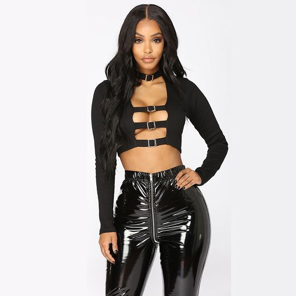 

женская футболки 2019 весна лето новый сексуальный ажурные crop топы мода шипованных бинты длинные рукава ночной клуб стиль open top одежда, White