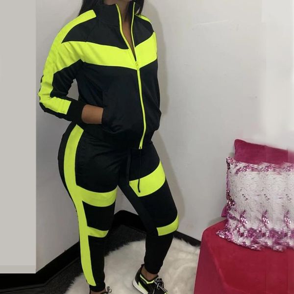 

women's suit jacket and pants women's tracksuit casual color splicing long sleeve zipper coat long pants sports set#y15, White;black
