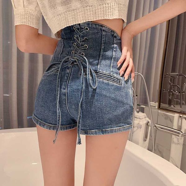 

lucyever bandage denim shorts summer women high waist skinny blue jeans streetwear chic pocket ladies wide leg jean 2020