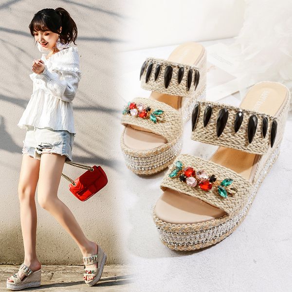 

on a wedge low slippers women summer high-heeled shoes lady platform pantofle glitter slides heels 2020 jelly basic pu rome, Black