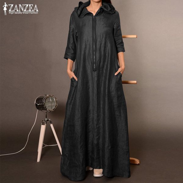 

casual dresses 2021 zanzea autumn hooded dress women's sundress plus size punk zipper long vestidos female sleeve tunic robe femme, Black;gray