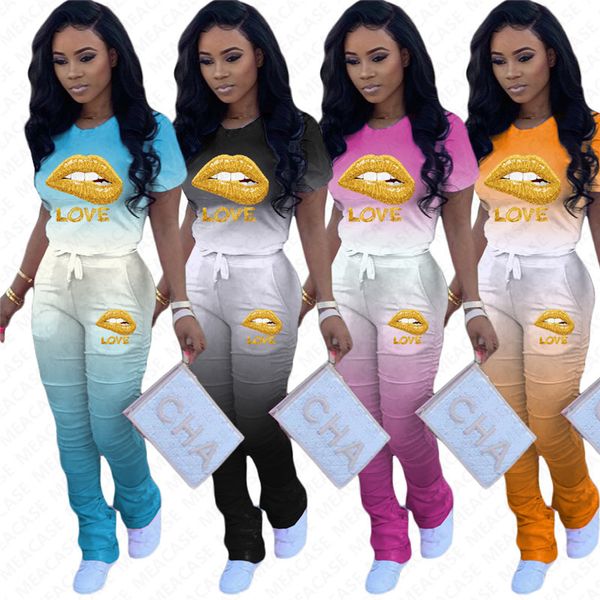 

женщины tracksuit градиент цвета губ письмо плиссе брюки брюки короткие рукава рубашки t дизайнерские двухкусочный нарядах повседневный спор, White