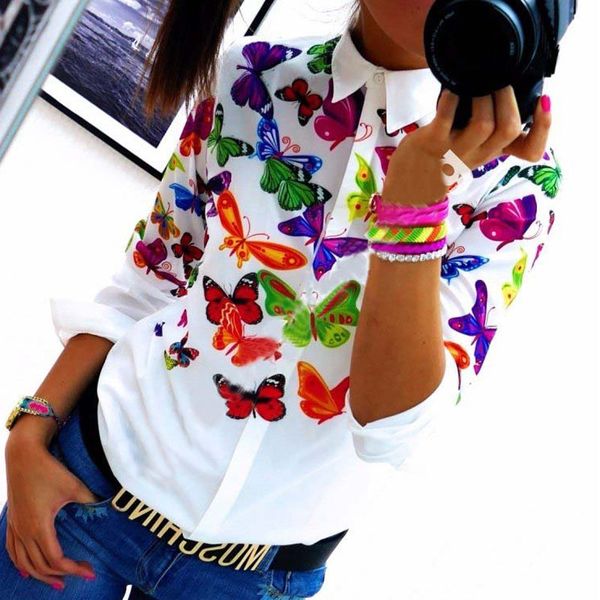 

womens casual print long sleeve shirt loose cotton t shirt, White