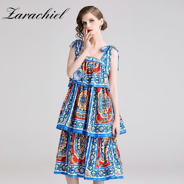 

new 2020 fashion runway sicilian summer dress women bow spaghetti strap tiered ruffle backless flower print long dress, Black;gray
