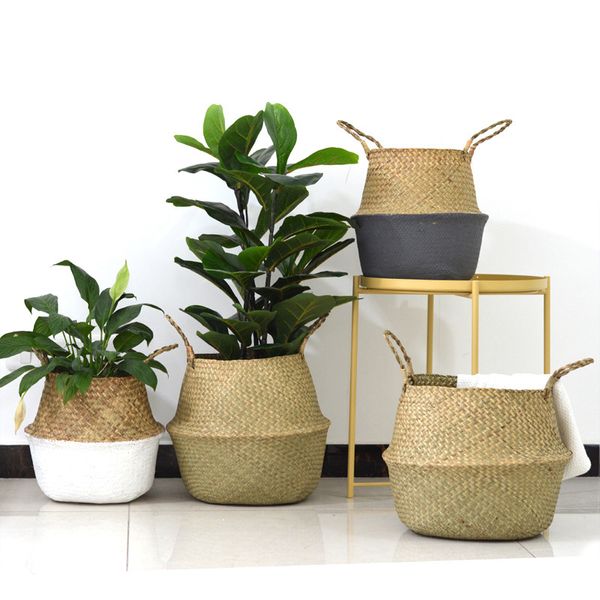 

Handmade Wickerwork Storage Baskets Foldable Laundry Straw Patchwork Wicker Rattan Seagrass Belly Garden Flower Pot Planter Basket