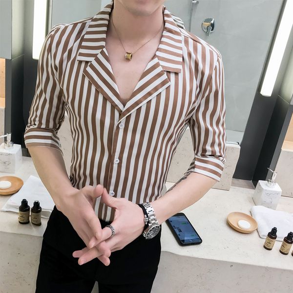 

2019 brand clothing men purecotton half sleeve shirts/male lapel stripe casual shirts camisa s-3xl, White;black