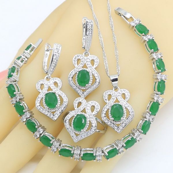 

925 silver jewelry sets for women bracelet green semi-precious earrings rings necklace pendant gift box
