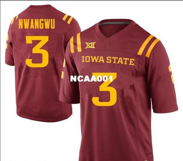 

2019 new men iowa state cyclones kene nwangwu #3 real full embroidery college jersey size s-4xl or custom any name or number jersey, Black;red
