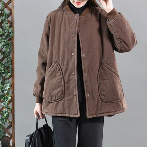 

thick cotton parkas women 2019 winter solid color pockets single breasted leisure long sleeve casual female outerwear coats, Black