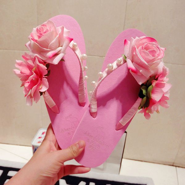 

cute pink flowers sandals shoes summer thick bottom fashion tide beach pearl sandals flat handmade women flip flops, Black