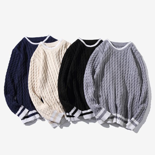 

winter new sweater men warm fashion contrast color casual o-neck knitted pullover man wild loose long sleeve sweater -6xl, White;black