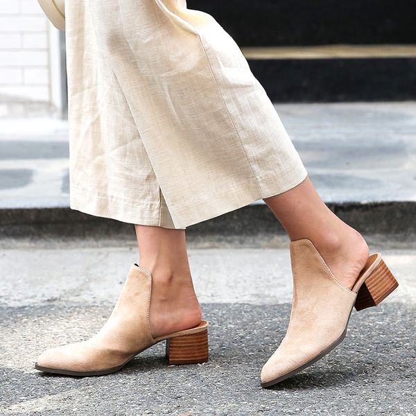 

genuine leather slippers women famous pointed toe suede leather sandals women wood heel slides ladies high heels shoes s242, Black