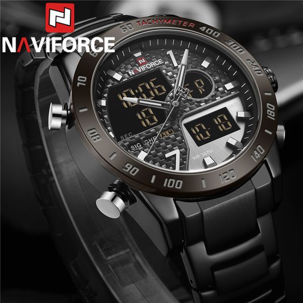 

naviforce водонепроницаемый мужские часы кварцевые цифровые мужские часы спорт из нержавеющей стали топ новый человек наручные часы 9171, Slivery;brown