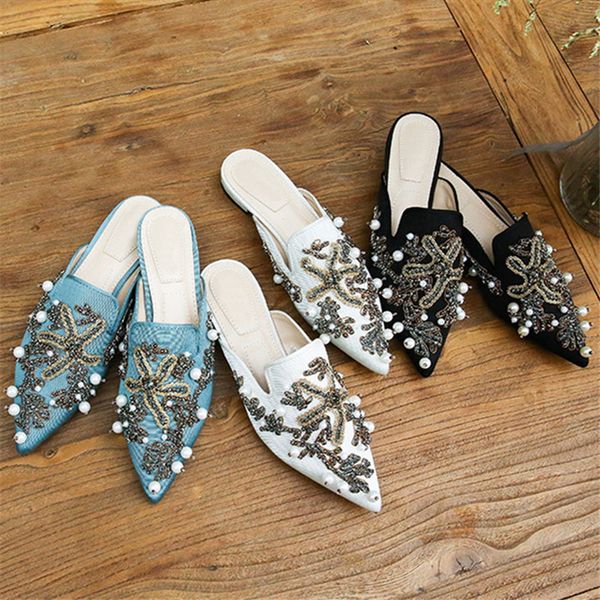 

2019 new women slippers pearl decor flat shoes woman pointed toe mules shoes ladies flats outside footwear loafers, Black