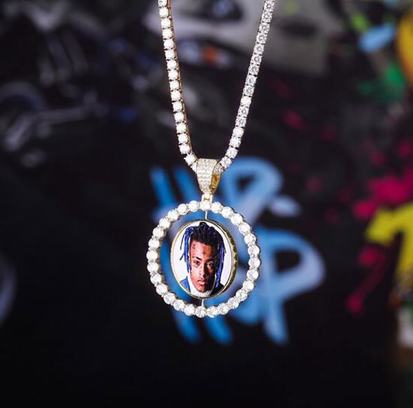 14K Золотой пользовательские сделанные вращающиеся двусторонние фото медальоны подвеска ожерелье для мужчин женщин подарки Zircon Photo Becend