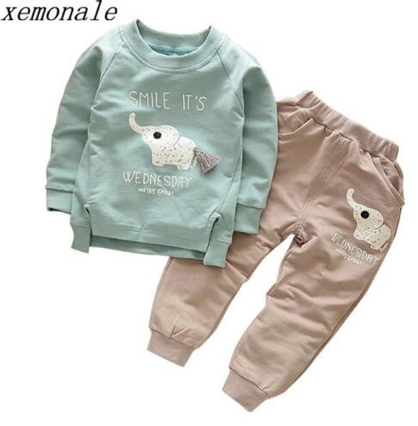 

autumn children cotton clothing suit spring baby boys girl cartoon elephant sets kids t-shirt pants 2 pcs/sets toddler tracksuit, White
