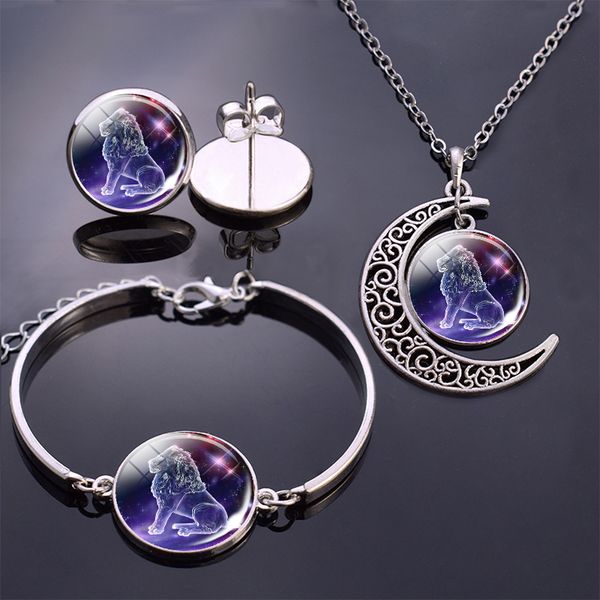 

constellation jewelry set 12 zodiac signs glass cabochon necklace bracelet earrings set women 4pcs jewelry birthday gifts, Silver
