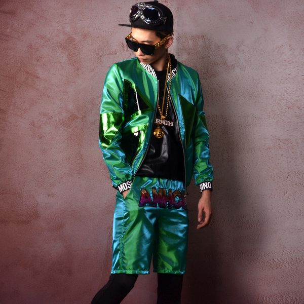 

men 2 pieces sets (jacket+shorts) streetwear hip hop baseball jacket male bright color fashion coat stage show clothes, Black;brown