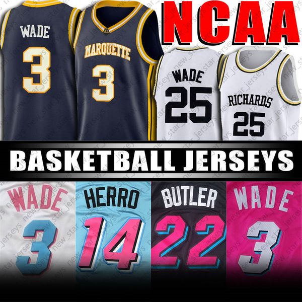

ncaa marquette college dwyane 3 wade jersey richards highschool 25 wade jimmy 22 butler jerseys tyler 14 herro basketball jersey, Black;red