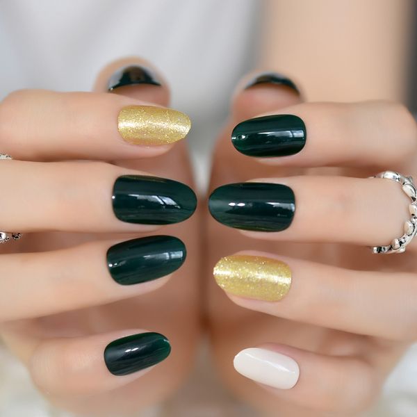 

greenblack dark green golden glitter false fake nail round summer wear nails diy nail art full cover acrylic tips, Red;gold