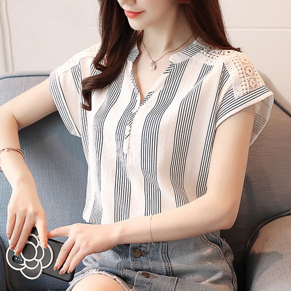 

ladies womens blouses 2019 summer chiffon women blouse shirts short sleeve striped blouses blusas fashion v neck womens 30, White