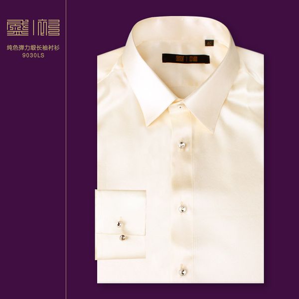 

silk men's wear spring and autumn champagne gold stretch satin long sleeve silk men's shirt lapel mulberry shir, White;black