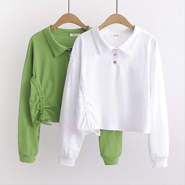 

color long sleeve t-shirt female autumn 2019 academic style button button drawstring buckle drawstring loose polo collar 14055, White