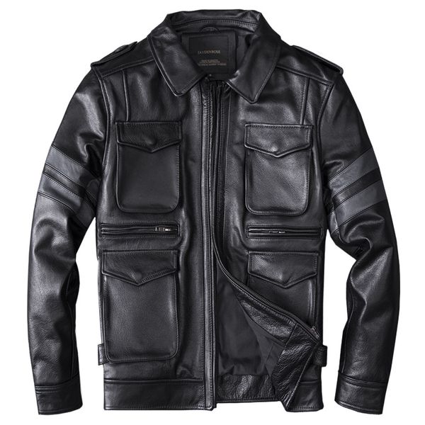 

men's real leather jackets genuine leather jacket motorycycle coat cow, Black