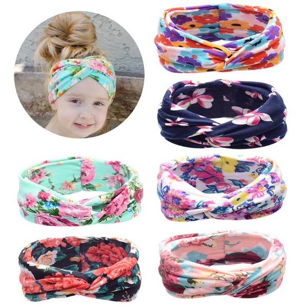 

baby girl floral cross printing cotton headbands newborn toddler kids twist knot wide hairband headwrap hair accessories, Slivery;white