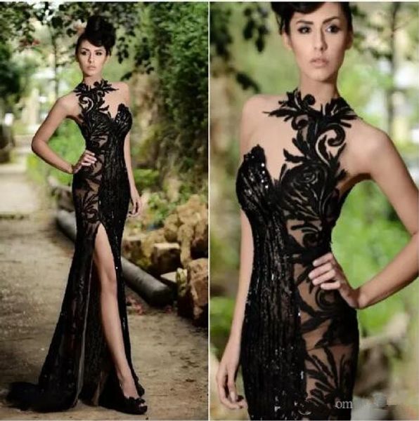 

2019 beading split elegant evening formal dresses rami appliqued high neck mermaid sequins long prom dress real images formal gowns, Black;red