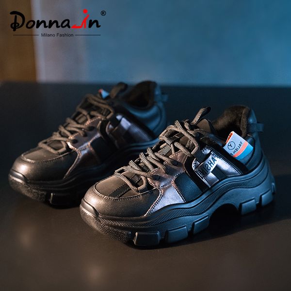 

donna-in wedges high heels sneakers women winter with short plush lace up casual creepers platform shoes flats female thick sole, Black