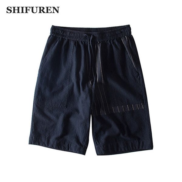 

shifuren causal men linen cotton shorts elastic waistband drawstring male work overalls beach short trousers solid color, White;black