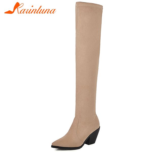 

karin new plus size 31-46 fashion thigh high boots pointed toe shoes woman casual high chunky heels over the knee boots, Black