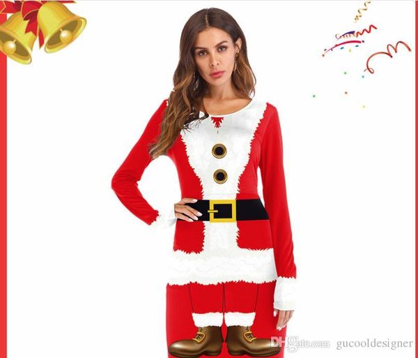 

western santa claus dress with ribbon digital printed long sleeved red uniforms cosplay christmas dress, Black;red