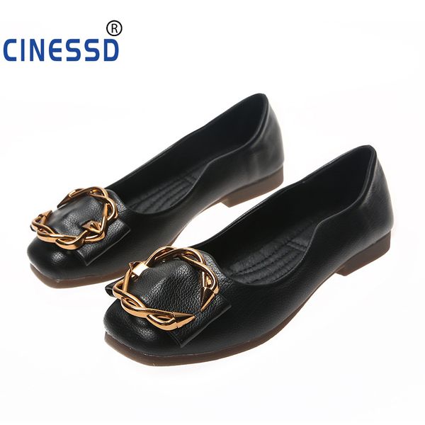 

size 42 women flat shoes leather casual metal buckle square toe boat shoes female comfortable ladies woman luxury, Black