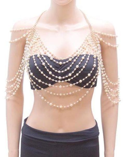 

high-end elegant multilayer pearl chain necklace pendants women wedding shoulders chain bridal body jewelry collier, Silver