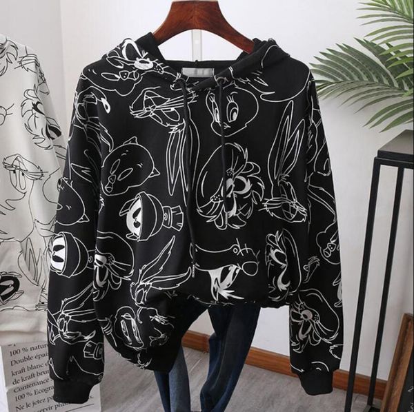 

2020 весна новый мультфильм печатных плюс размер кулиской толстовка с капюшоном женский harajuku хип-хоп hoodie student негабаритные рубашка, Black