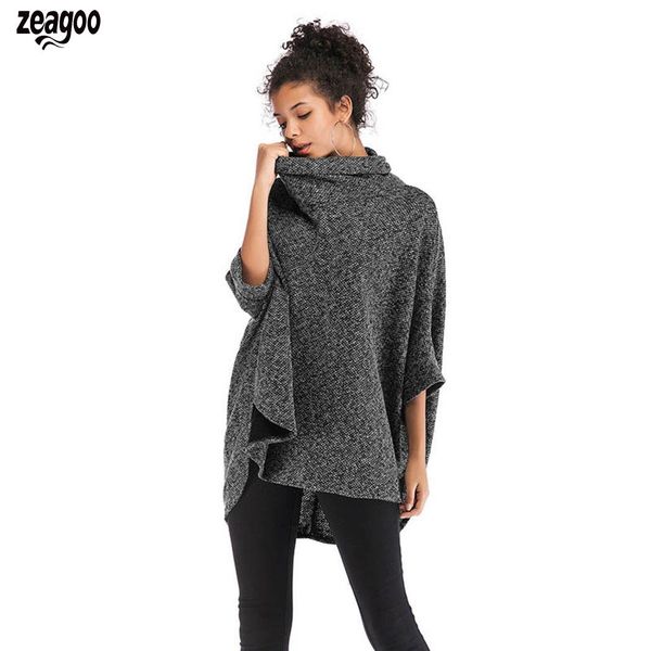 

new fashion women casual turtle-neck solid loose regular fit, loose, asymmetrical hem knitted cloak sweater, Black