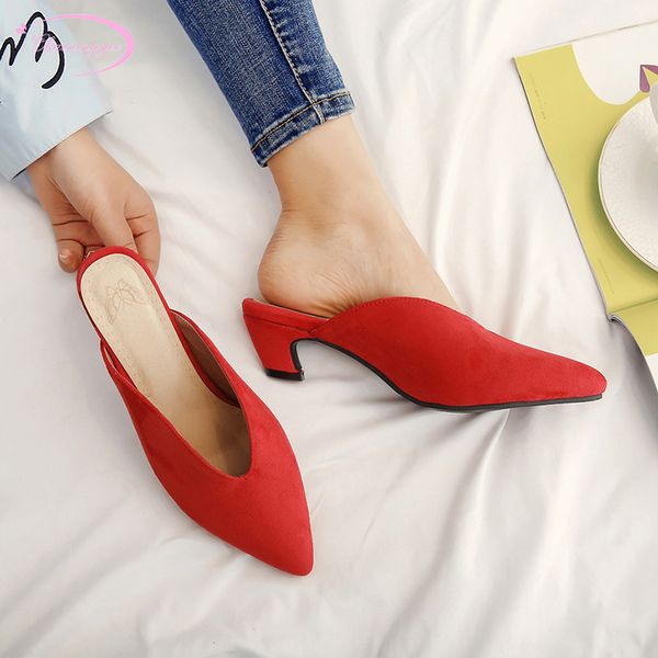 

european casual style pointed toe flock summer slippers fashion slip-on black red thick medium with women's shoes big size